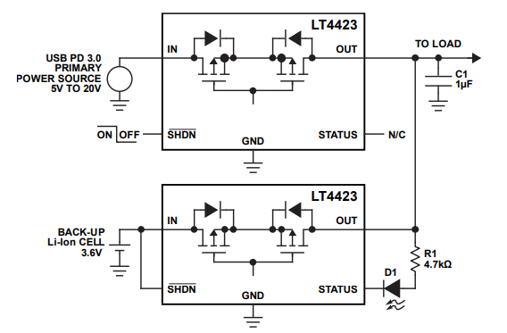 应用电路图 - Analog Devices Inc. LT4423理想二极管和负载开关